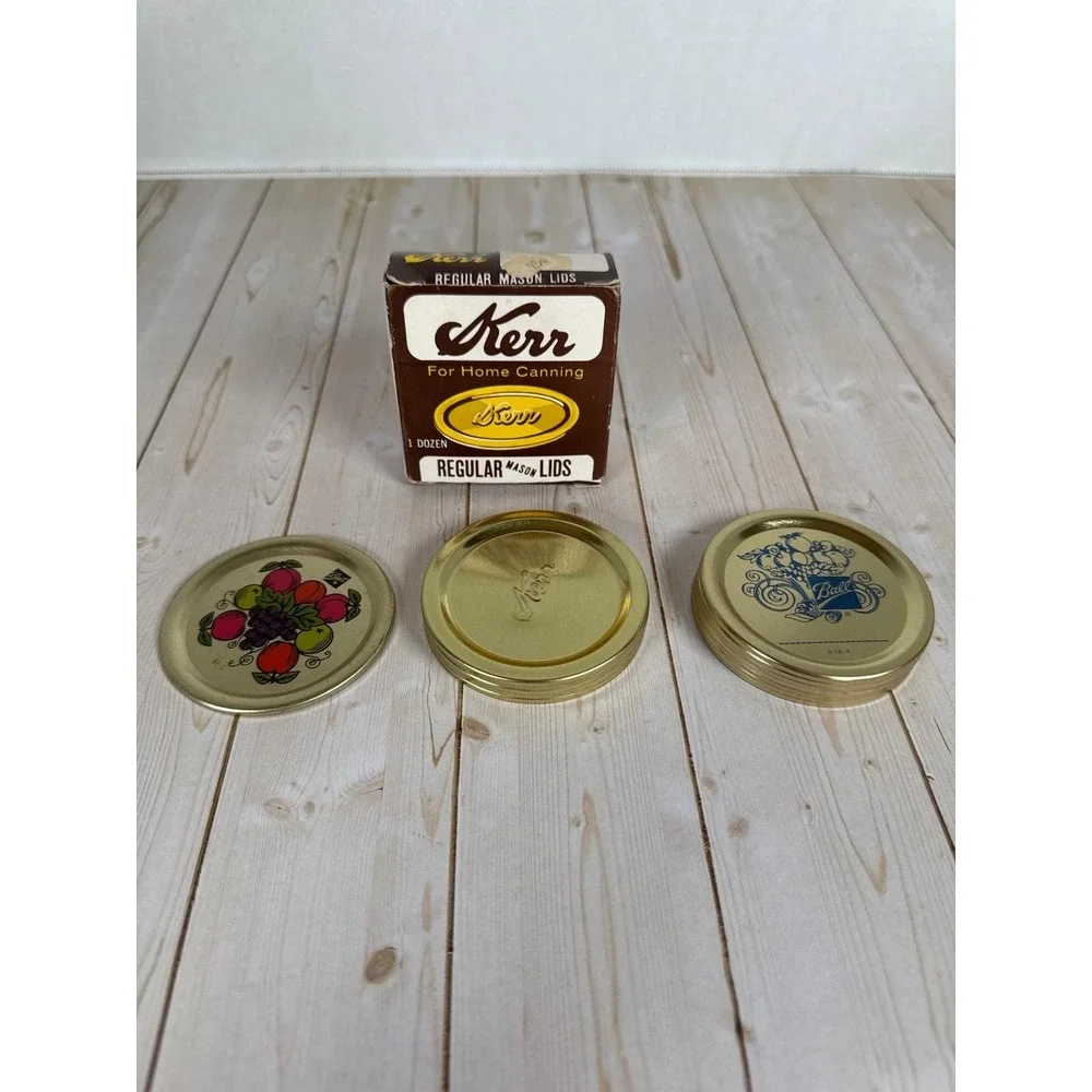 Vintage Kerr Regular Mason Lids Box w/ Assorted Ball Decorative Jar Lids Lot